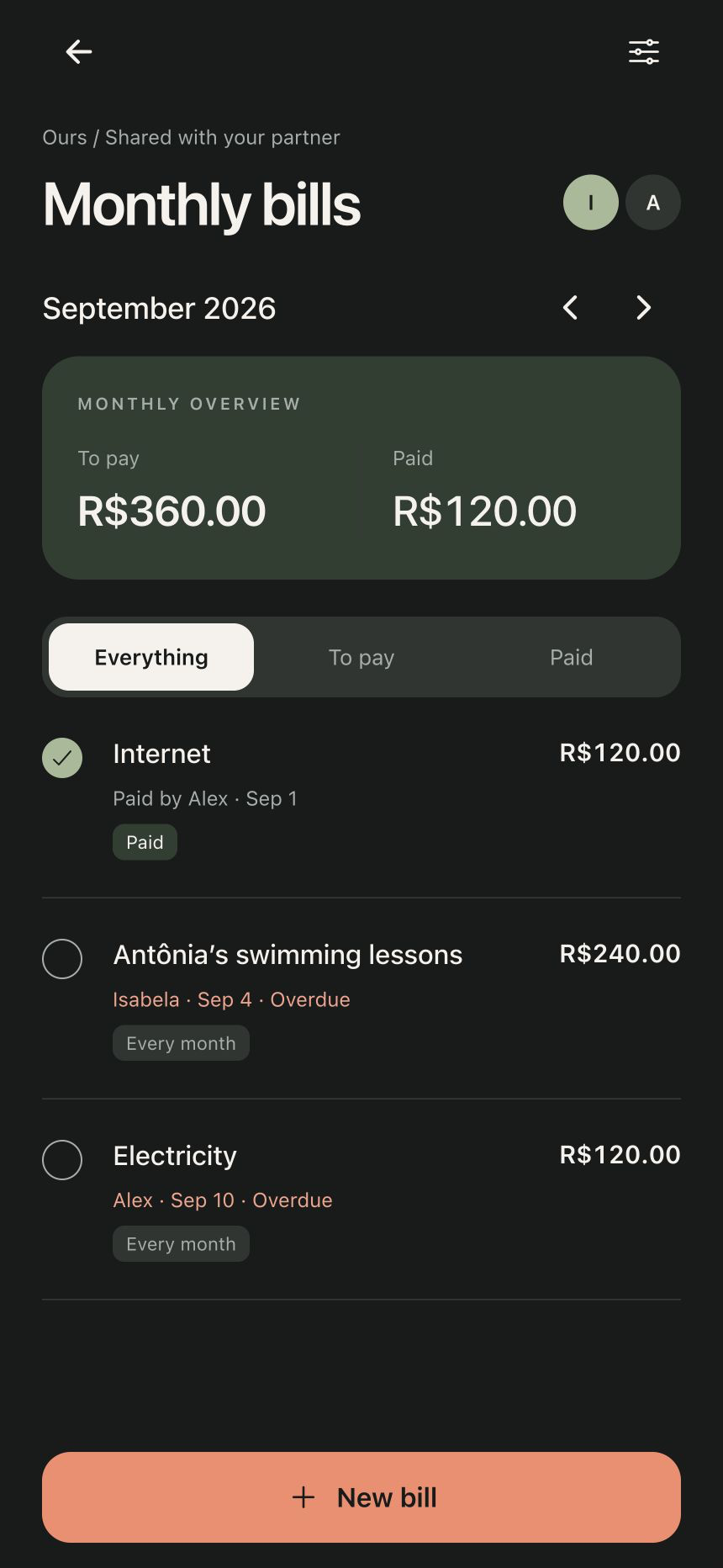 Oovi Monthly bills screen in dark mode: paid and outstanding totals and bills with assigned owners.