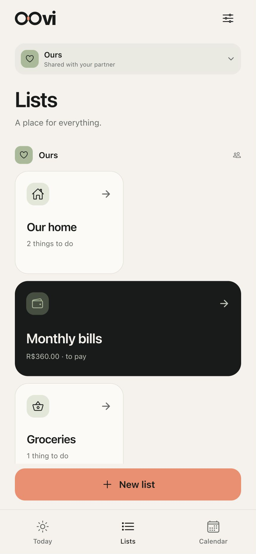 Oovi Lists screen: Our home, Monthly bills and Groceries in the shared space.