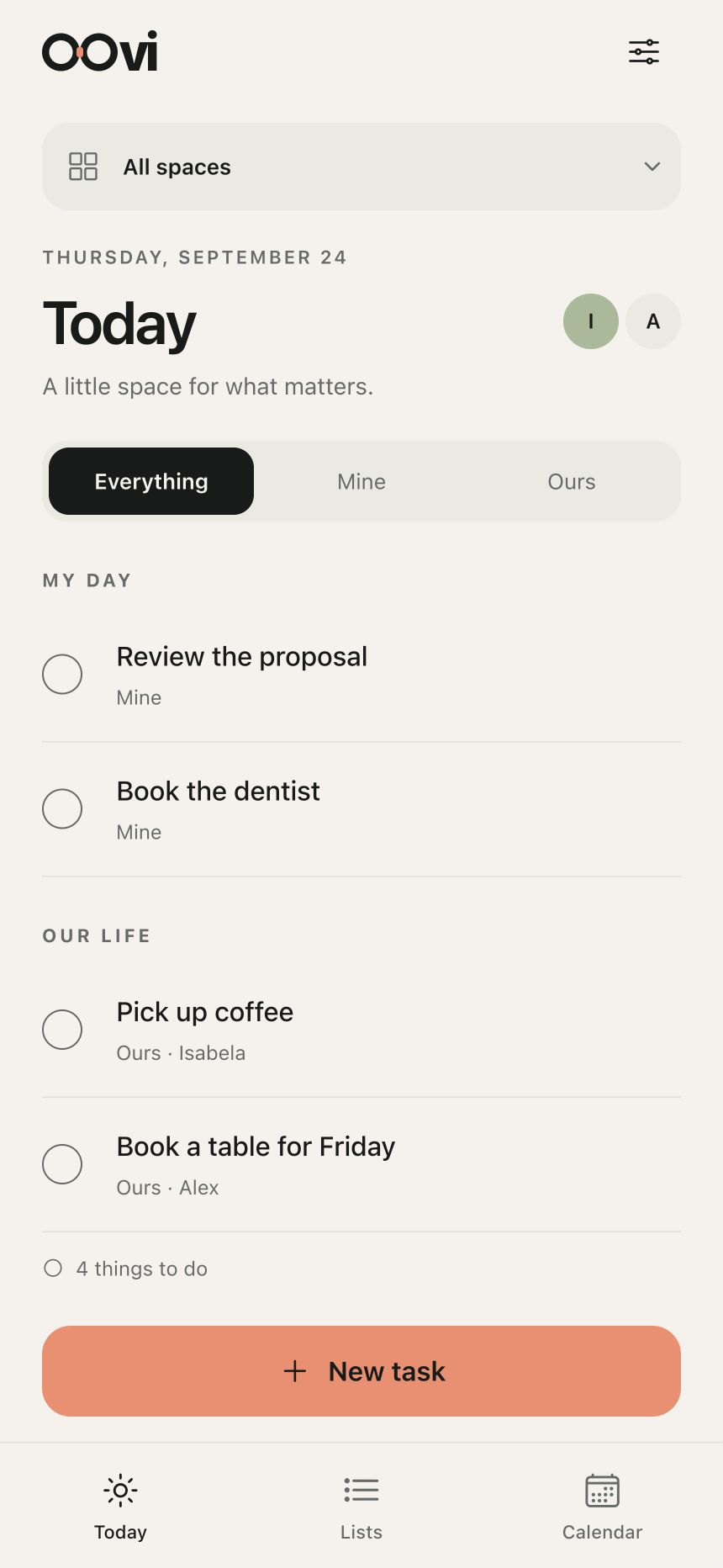 Oovi Today screen in English, showing personal tasks and Mine and Ours filters with example data.
