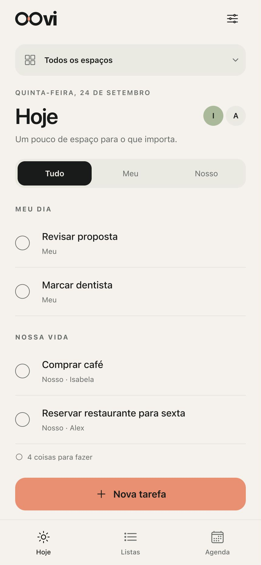 Tela Hoje da Oovi em português, com filtro Meu e Nosso e tarefas pessoais no modo de exemplos.